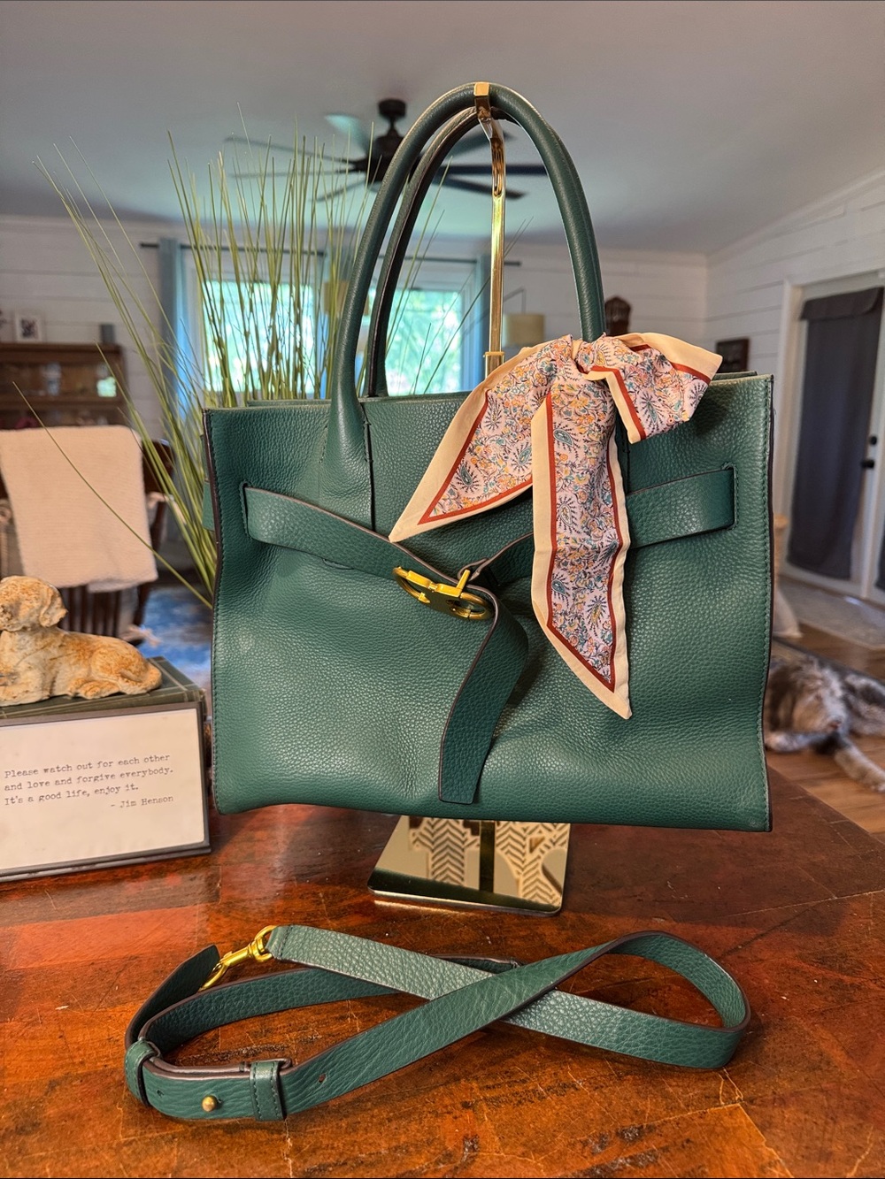 Tory Burch Gemini with Crossbody Strap in Malachite Green -Leather Tote